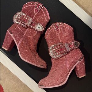Dolls Kill Club Exx Sheriff Shine Pink Sparkle Western Ankle Boots